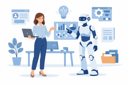 Flat vector illustration of a professional woman collaborating with a humanoid robot in a modern office, analyzing data charts and graphs for business innovation and artificial intelligence.
