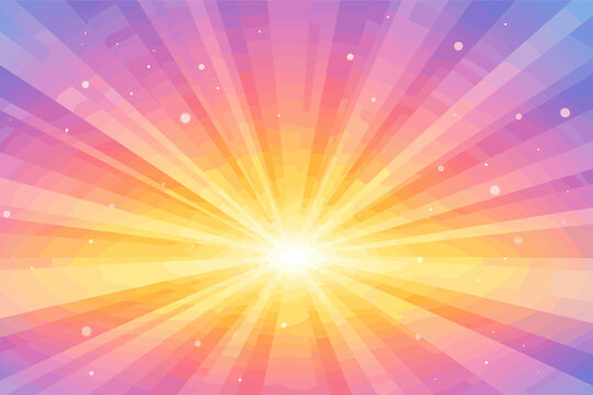 Abstract Colorful Radial Sunburst Background with Vibrant Rainbow Rays and Sparkling Light Effects. Bright Yellow, Orange, Pink, and Purple Gradient Sunbeam Pattern for Festive Graphic Design.