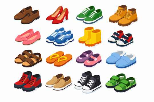 Isometric Vector Collection of Diverse Footwear Styles for Men, Women, and Children Including Sneakers, Boots, Sandals, High Heels, Loafers, and Slippers Isolated on a White Background for Design.