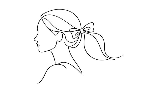 Continuous line drawing of a woman's head and shoulders in profile with a ponytail tied by a bow. Minimalist elegant female silhouette vector illustration for beauty, fashion, and hair care.