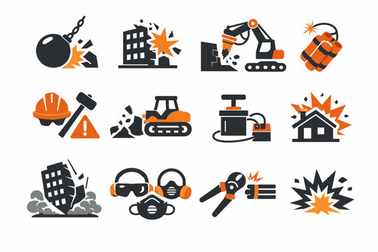 Demolition and construction icon set featuring wrecking ball, dynamite, excavator, safety gear, building destruction, and explosion symbols for industrial, engineering, and architectural designs.