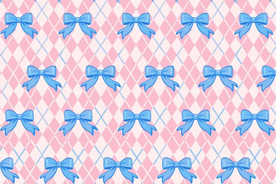 Coquette seamless pattern with blue bows and ribbons on a pink and white argyle background. Girly and cute checkered design for wrapping paper, textile, wallpaper, and feminine fashion decor.