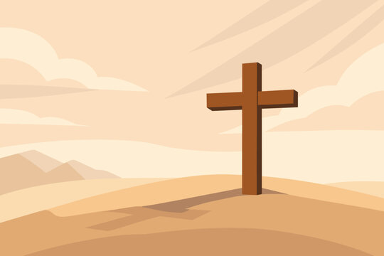 Symbolic Good Friday Illustration of a Simple Wooden Cross Standing on Calvary Hill under a Calm Sky with Long Shadow, Representing Christian Faith, Sacrifice, and the Resurrection of Jesus Christ.
