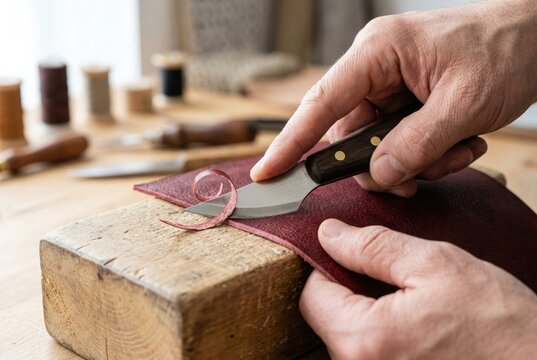 Hands using a sharp skiving knife to thin the edge of a piece of red leather on a wooden block