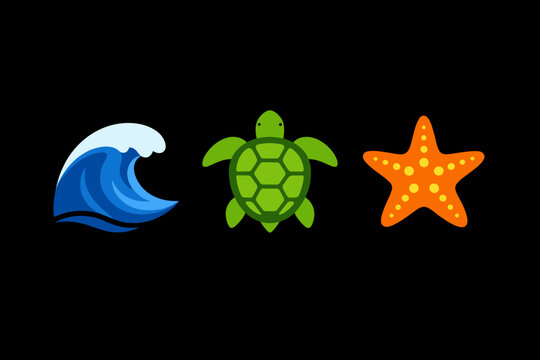 Set of three colorful marine-themed icons featuring a blue ocean wave, a green sea turtle, and an orange starfish isolated on a black background. Flat vector illustration for summer and nature.