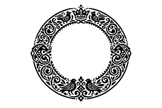 Vector Round Black Contour Ancient Russian Ornament Slavic Border Frame Circle Ring Traditional Folk Art with Birds and Crown Ethnic Decorative Element for Vintage Design and Invitation Cards