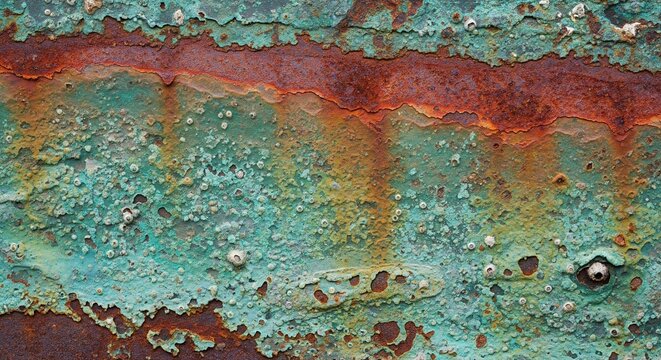 Flat texture of corroded metal with turquoise patina and rust