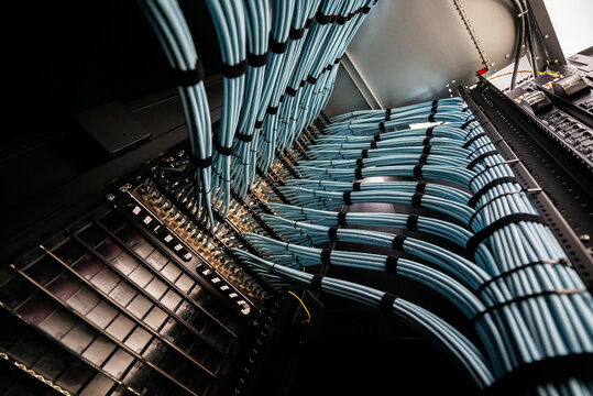 Blue Network Cables in Data Center Rack