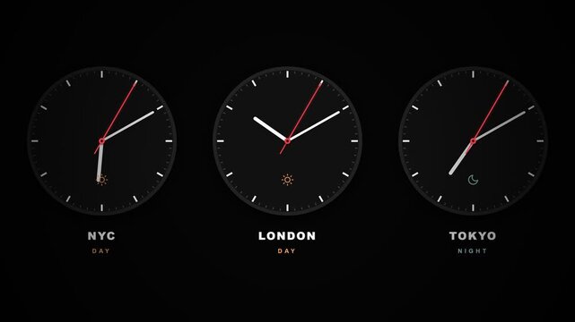 Minimalist world clock animation showing different time zones