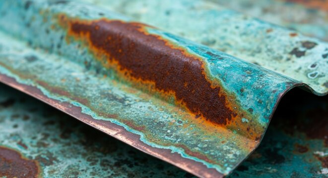 A close-up shot of a wavy metal surface showing bright turquoise aging and dark orange rust spots