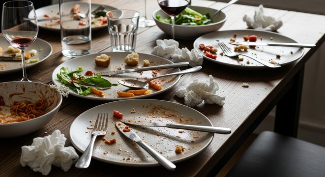 Empty dinner plates with leftover food on wooden table in dining setting