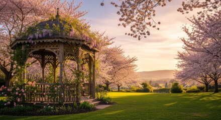 Obraz premium Beautiful gazebo surrounded by cherry blossoms in tranquil park setting