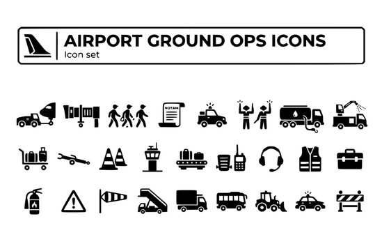 Airport Ground Operations Icon Set Pushback Tug Jetway FOD Walk NOTAM Airside Vehicle Ground Crew Marshalling Fuel Truck De-Icing Vector Illustration