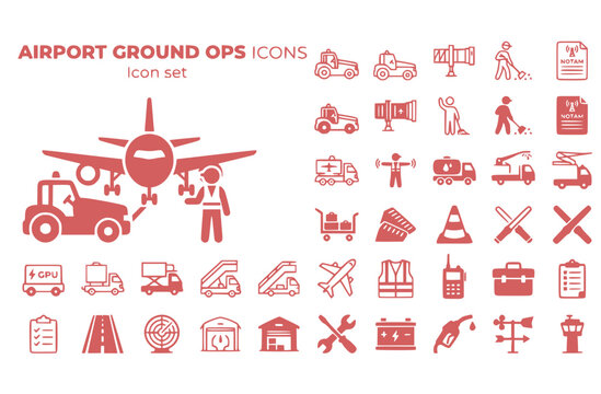 Airport Ground Operations Icon Set Pushback Tug Jetway FOD Walk NOTAM Airside Vehicle Ground Crew Marshalling Fuel Truck De-Icing Vector Illustration