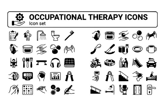 Occupational Therapy Icon Set ADL Assessment Hand Therapy Putty Adaptive Utensils Sensory Integration Transfer Board Grip Strength Fine Motor Home Modification