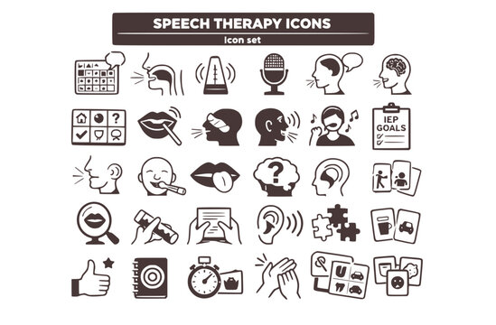 Speech Language Pathology Icon Set AAC Device Articulation Placement Fluency Shaping Voice Therapy Aphasia Board Oral Motor Exercise IEP Goal PECS Card