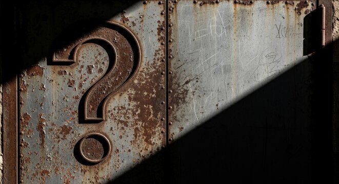 Rusty metal door with question mark under dramatic lighting