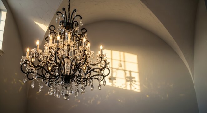 Elegant crystal chandelier illuminated in classic arched room