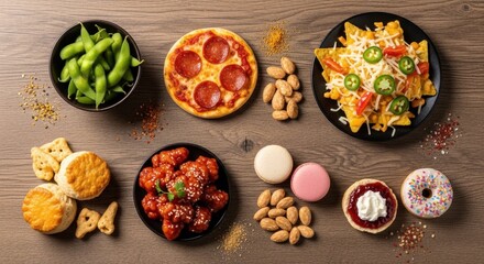 Delicious assortment of snacks and dishes on a wooden table