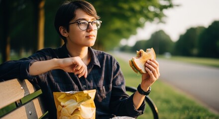 Young woman enjoying a snack on a park bench during sunset