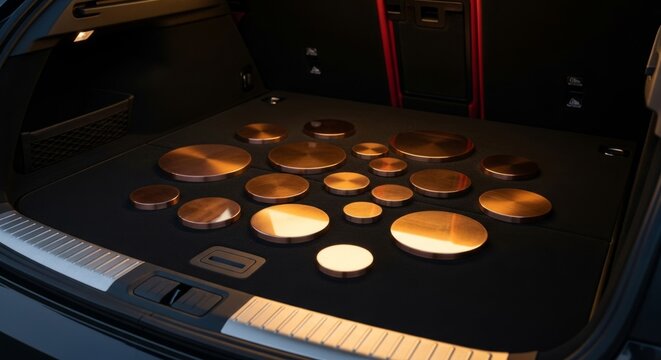 Round bronze discs displayed in car trunk with modern design