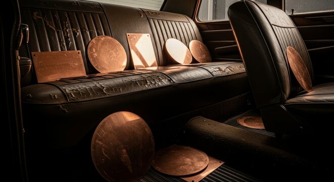 Vintage car interior with copper plates on leather seats