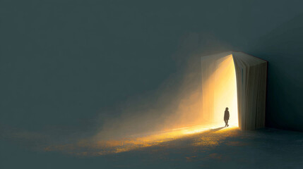 Fototapeta premium Reader walking into a luminous portal formed by an open novel. 