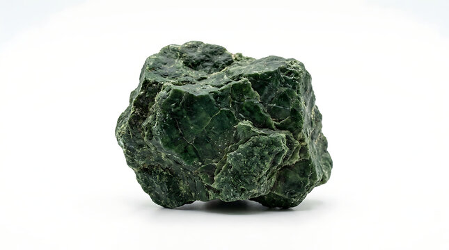 A close-up photograph of a raw, green, uncut gemstone on a white background