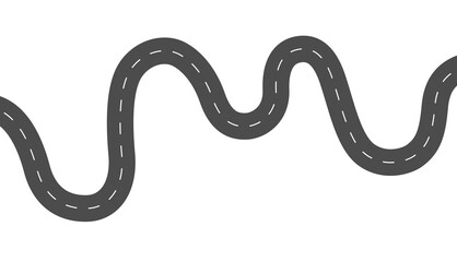 Abstract curved road with dashed lane markings, isolated on a transparent png background. Minimalist illustration symbolizing journey, direction, route, transportation, navigation and travel concept. © serg9768608