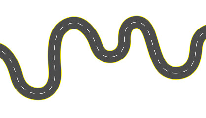 Obraz premium Abstract curved road with dashed lane markings, isolated on a transparent png background. Minimalist illustration symbolizing journey, direction, route, transportation, navigation and travel concept.