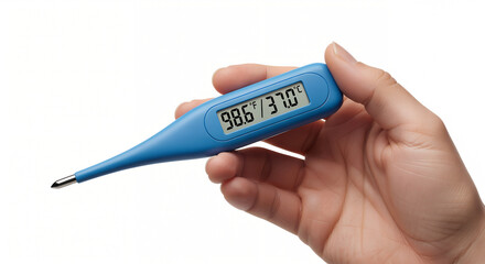Obraz premium Hand holding a digital thermometer displaying a normal body temperature reading, representing health monitoring and fever checking
