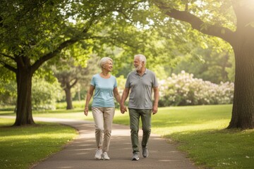 Obraz premium An elderly couple enjoys a walk in a sunlit park, holding hands and smiling. This image is perfect for promoting healthy aging and lifestyle in marketing materials. Generative AI.