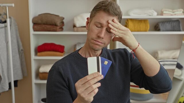 Man holding creditcard and debitcard, hand to forehead gesture in a home closet with shelves of folded clothes and clothing rack; financial anxiety debt.