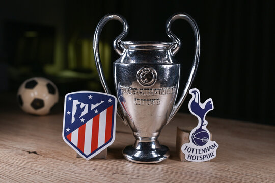 March 11, 2026, Budapest. The emblems of the football clubs participating in the Round of 16 of the UEFA Champions League are Atletico Madrid and Tottenham Hotspur F.C.