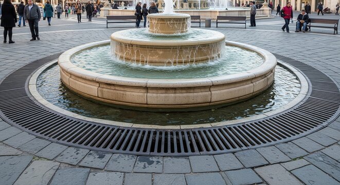 A tiered round water fountain made of light stone surrounded by a circular metal drainage grate on a paved plaza