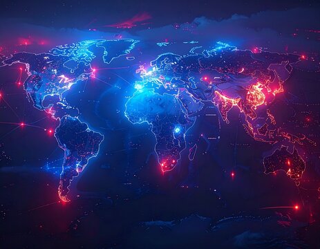 Dynamic Digital Map of the World Representing Global Communication and Data Exchange Networks Across Continents with Illuminated Connections