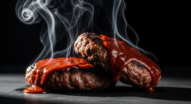 Dramatic lighting photo showing grilled beef burger patties covered in rich spicy sauces placed against an absolute dark backdrop for dramatic restaurant posters.