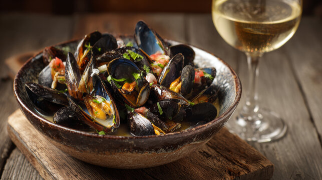 Steamed mussels in white wine sauce served in a rustic bowl with a glass of Pinot Grigio. 