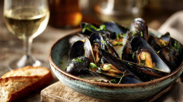 Steamed mussels in white wine sauce served in a rustic bowl with a glass of Pinot Grigio. 
