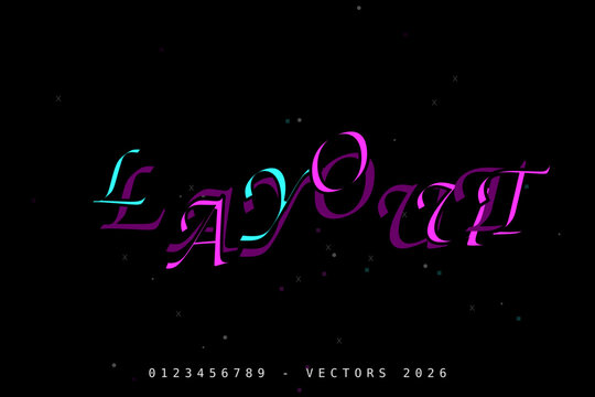 Futuristic neon typography layout with glowing purple and cyan text, creative glitch effect lettering, modern digital vector font design