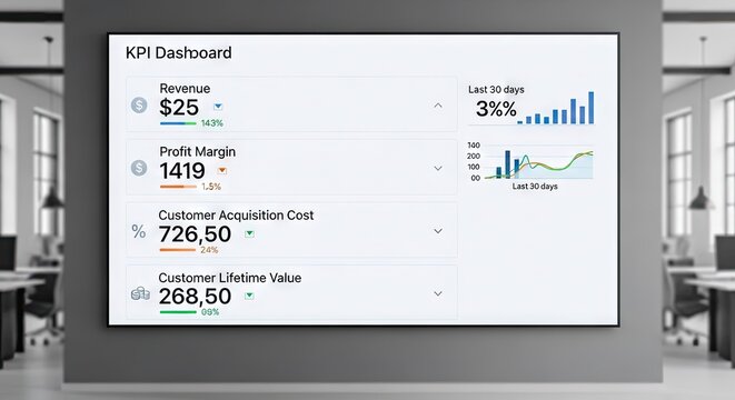Data visualization of business metrics on a digital display in modern office