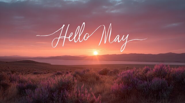 Spring welcome banner: sunset scene with Hello May text