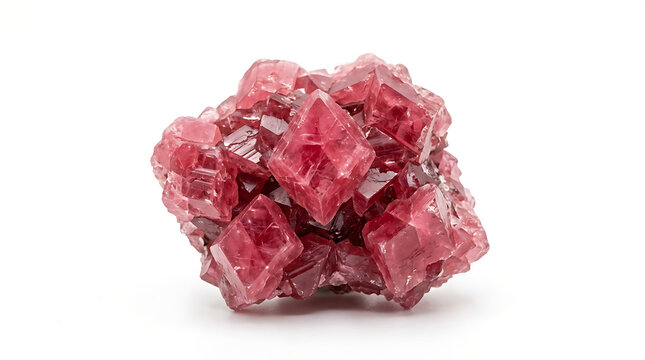Macro shot of a cluster of pink rhodonite crystals on white background