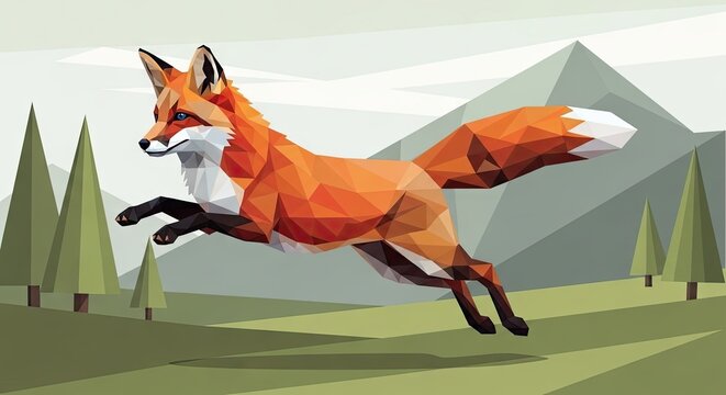Geometric fox leaping across a landscape with trees and mountains