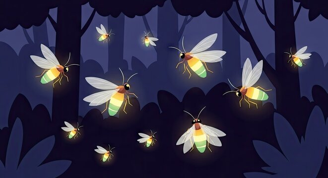 Glowing fireflies in a dark forest nighttime scene with insect illustration