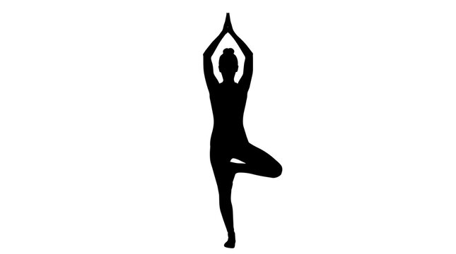 Black silhouette of a woman performing yoga tree pose, isolated on transparent background