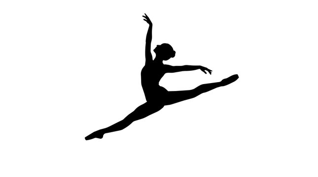 Black silhouette of a graceful ballerina performing a grand jet&eacute; leap, isolated on transparent background