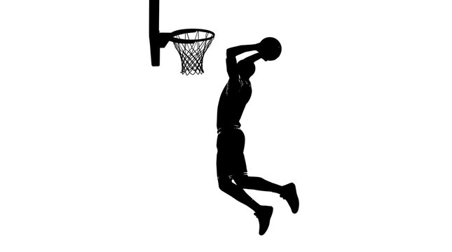 Black silhouette of basketball player dunking ball into hoop, isolated on transparent background