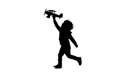 Child silhouette holding biplane toy, isolated on transparent background © Hughes