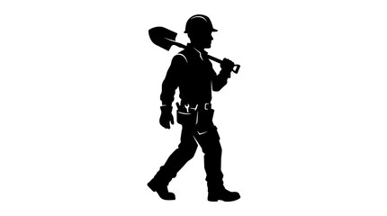Fototapeta premium Construction worker silhouette carrying shovel over shoulder, isolated on transparent background